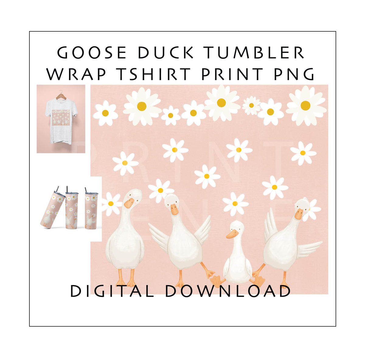 Goose Duck Tumbler Wrap PNG | Daisy Floral 20oz Skinny Tumbler Design