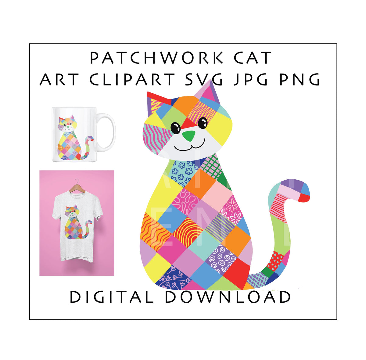 Patchwork Cat SVG PNG JPG | Colorful Cat Clipart