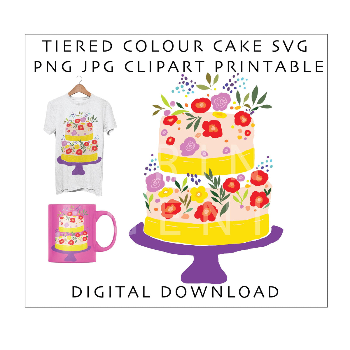 Floral Tiered Cake SVG PNG JPG | Birthday Cake Clipart