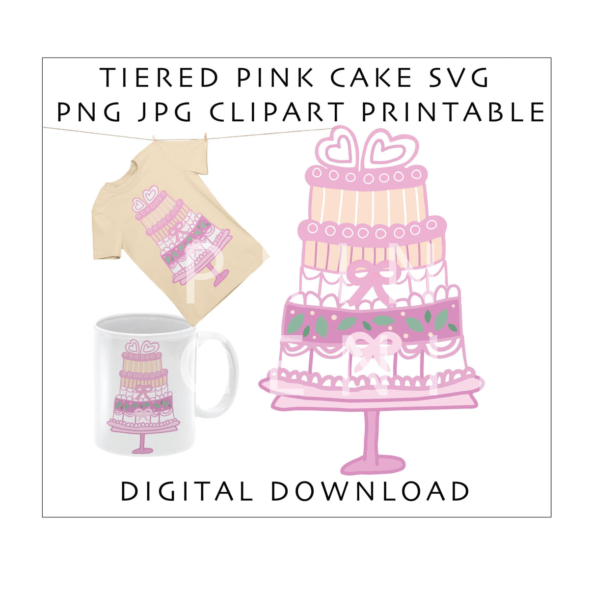 Pink Wedding Cake SVG PNG JPG | Bridal Shower Cake Clipart