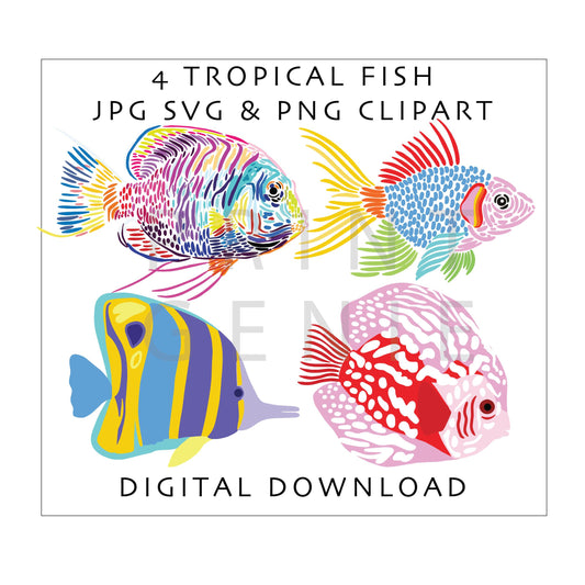 Tropical Fish PNG JPG SVG Bundle | 4 Tropical Fish Clipart