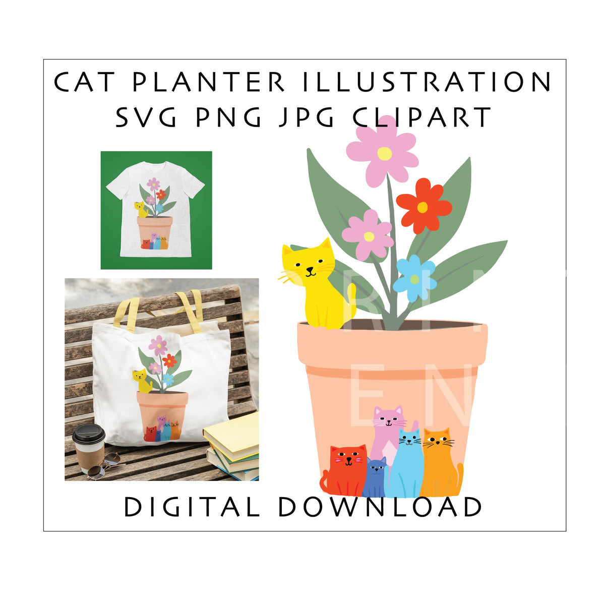 Cat Planter SVG PNG JPG | Cute Cat Clipart Bundle