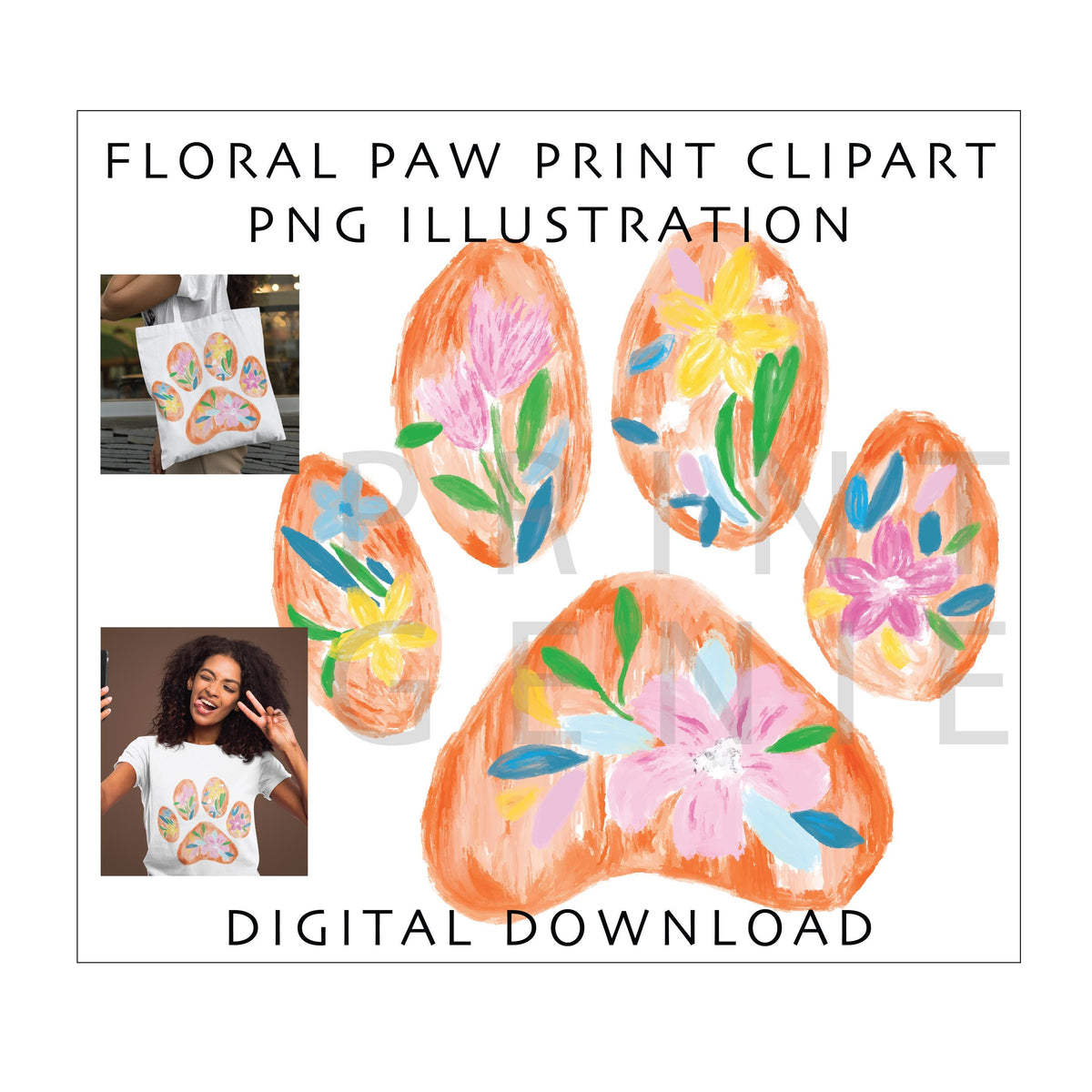 Floral Paw Print PNG | Watercolour Paw Print Clipart