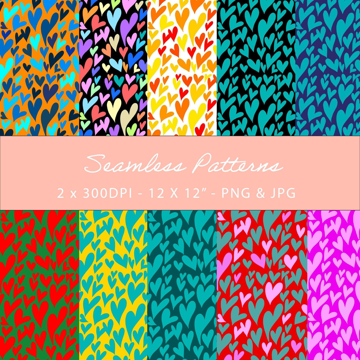 10 Heart Seamless Pattern Bundle | Colourful Love Digital Paper Pack