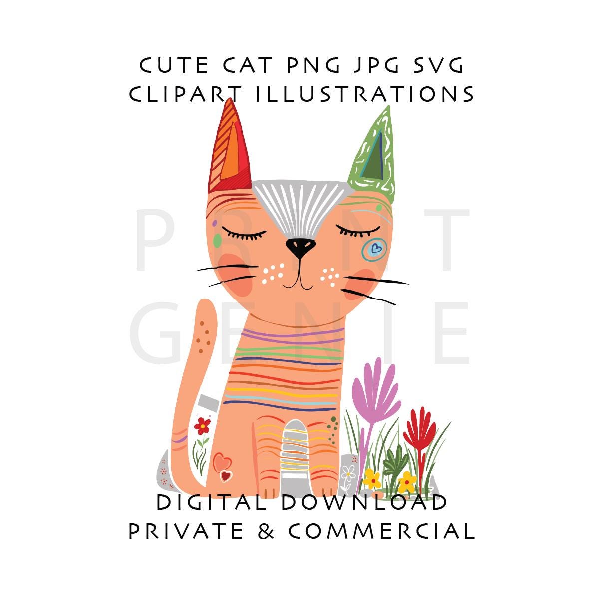 Cute Cat Clipart PNG SVG JPG, Whimsical Floral Cat Illustration