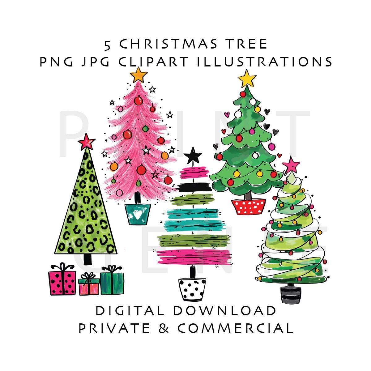 Christmas Tree Clipart Bundle, 5 Colourful Christmas Trees PNG JPG