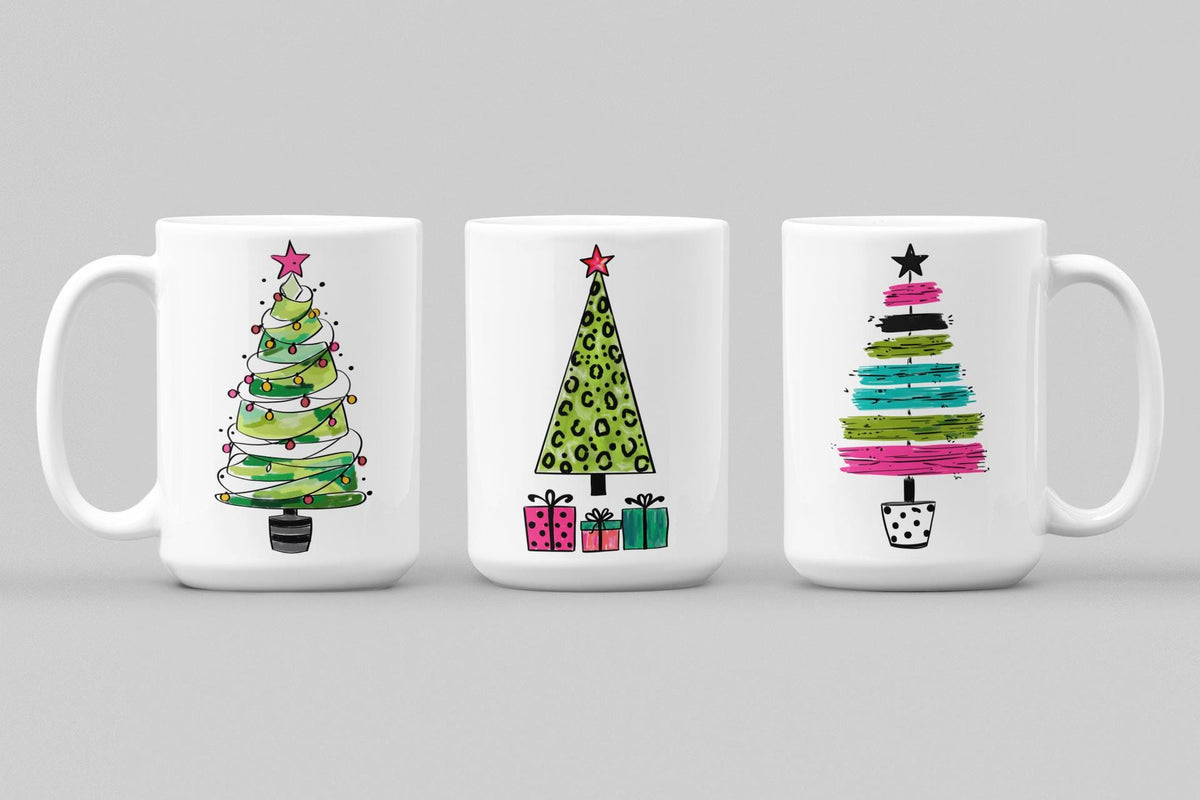 Christmas Tree Clipart Bundle, 5 Colourful Christmas Trees PNG JPG